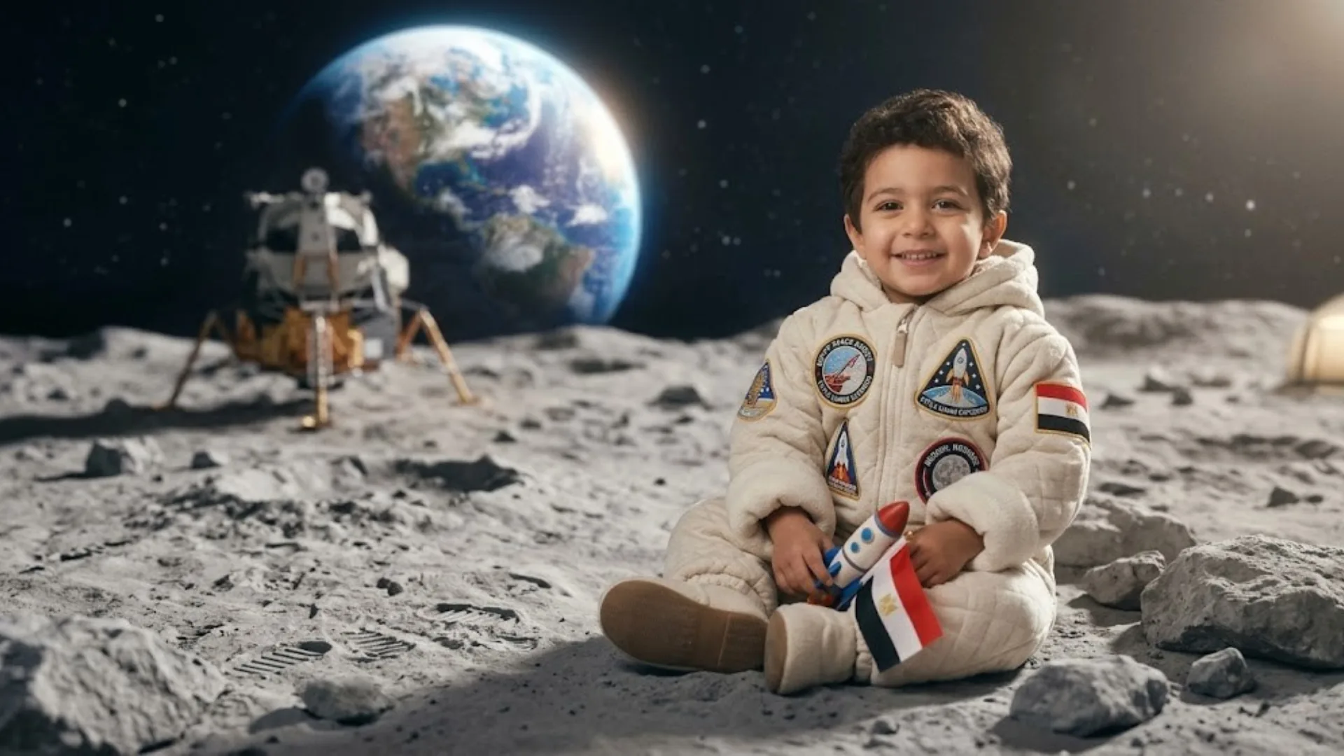 AI-generated child in a cozy stylized white astronaut outfit seated on a detailed lunar landscape with a glowing Earth rising in the background